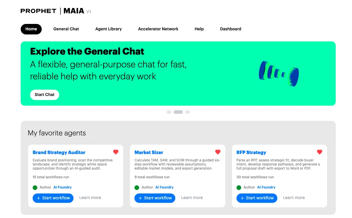 MAIA is Prophet’s Multi-Agent Intelligence Assistant—a platform with purpose-built agents and dynamic model switching that embeds AI into our work.